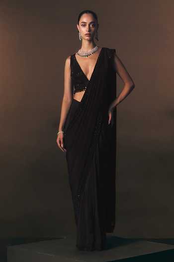 ANGAD SINGH Sapphire Pre-Draped Crepe Saree & Blouse Set