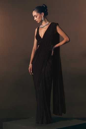 ANGAD SINGH_Navy Crepe V-neck Sapphire Pre-draped Saree And Blouse Set _Online_at_Aza_Fashions
