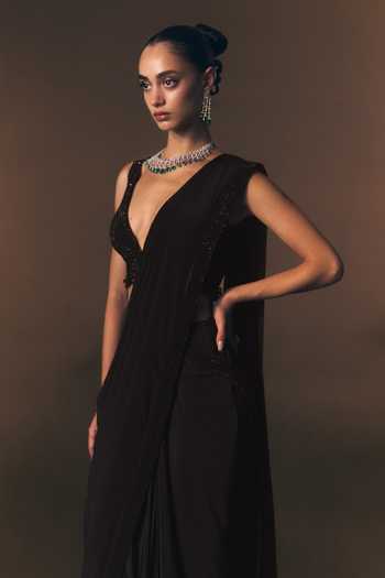 Buy_ANGAD SINGH_Navy Crepe V-neck Sapphire Pre-draped Saree And Blouse Set _Online_at_Aza_Fashions