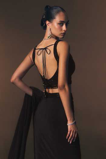 Shop_ANGAD SINGH_Navy Crepe V-neck Sapphire Pre-draped Saree And Blouse Set _Online_at_Aza_Fashions