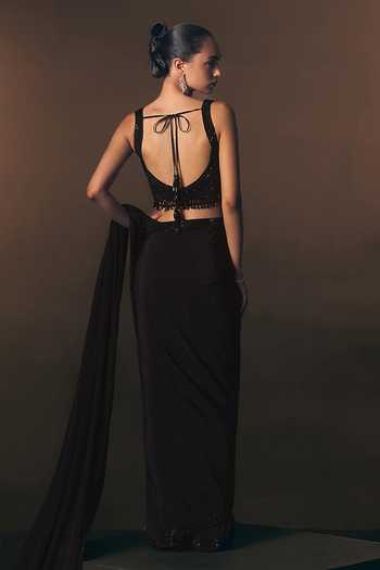 ANGAD SINGH Sapphire Pre-Draped Crepe Saree & Blouse Set