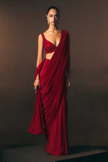 ANGAD SINGH Rouge Tonal Embroidered Saree & Blouse Set
