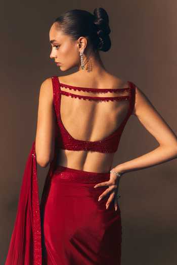 ANGAD SINGH_Red Crepe Plunge Neck Rouge Tonal Embroidered Saree And Blouse Set _Online_at_Aza_Fashions