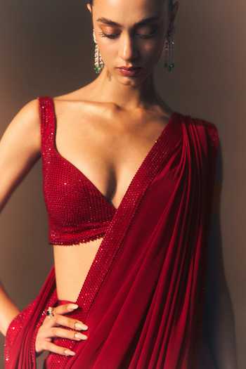 Buy_ANGAD SINGH_Red Crepe Plunge Neck Rouge Tonal Embroidered Saree And Blouse Set _Online_at_Aza_Fashions