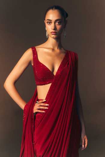 Shop_ANGAD SINGH_Red Crepe Plunge Neck Rouge Tonal Embroidered Saree And Blouse Set _Online_at_Aza_Fashions