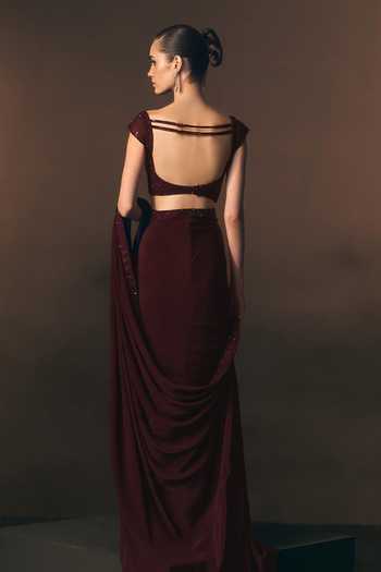 ANGAD SINGH Garnet Crepe Saree & Blouse