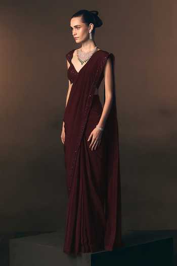 ANGAD SINGH_Maroon Crepe V-neck Garnet Saree And Blouse _Online_at_Aza_Fashions