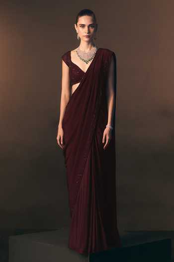 ANGAD SINGH Garnet Crepe Saree & Blouse