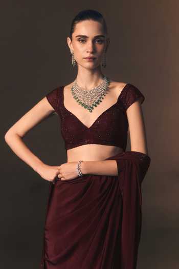 Shop_ANGAD SINGH_Maroon Crepe V-neck Garnet Saree And Blouse _Online_at_Aza_Fashions