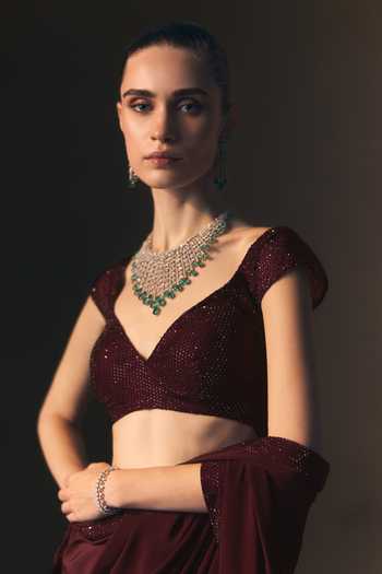 ANGAD SINGH_Maroon Crepe V-neck Garnet Saree And Blouse _at_Aza_Fashions