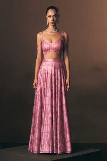 ANGAD SINGH_Pink Net Sweetheart Neck Peony Soft Lehenga And Blouse Set _Online_at_Aza_Fashions
