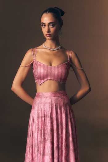 ANGAD SINGH_Pink Net Sweetheart Neck Peony Soft Lehenga And Blouse Set _at_Aza_Fashions