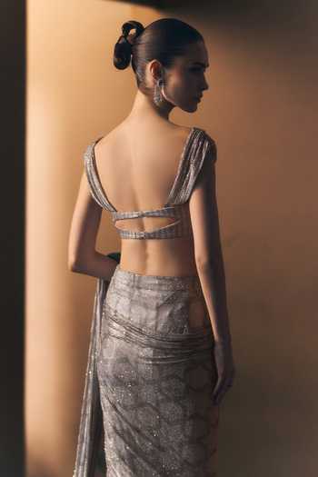 ANGAD SINGH_Silver Net Sweetheart Neck Argent Soft Saree And Blouse _Online_at_Aza_Fashions
