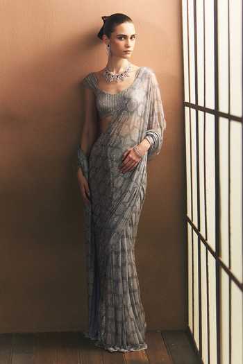 Buy_ANGAD SINGH_Silver Net Sweetheart Neck Argent Soft Saree And Blouse _Online_at_Aza_Fashions
