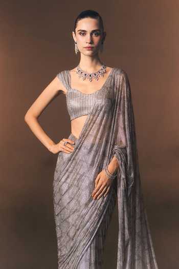 Shop_ANGAD SINGH_Silver Net Sweetheart Neck Argent Soft Saree And Blouse _Online_at_Aza_Fashions