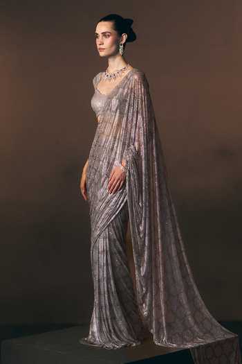 ANGAD SINGH_Silver Net Sweetheart Neck Argent Soft Saree And Blouse _at_Aza_Fashions