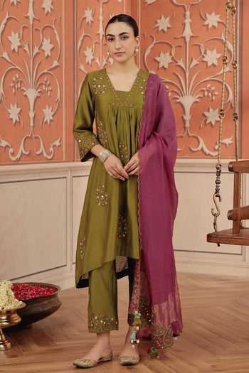Dohr India Nira Dori Embroidery Silk Chanderi Kurta Set 