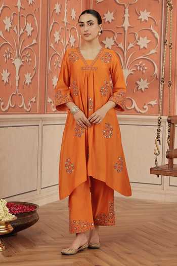 Shop Dohr India Orange Silk, Chanderi, Cotton V-neck Nira Kurta Set Online at Aza Fashions Shop_Dohr India_Orange Silk, Chanderi, Cotton V-neck Nira Kurta Set _Online_at_Aza_Fashions