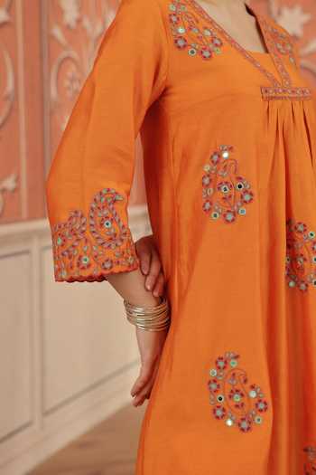 Dohr India Orange Silk, Chanderi, Cotton V-neck Nira Kurta Set at Aza Fashions Dohr India_Orange Silk, Chanderi, Cotton V-neck Nira Kurta Set _at_Aza_Fashions