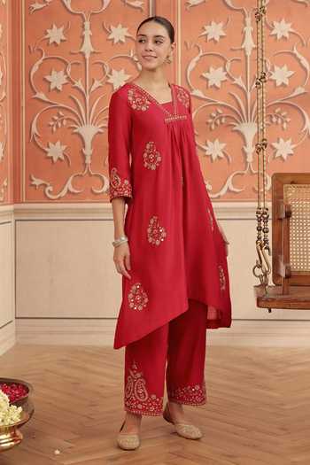 Dohr India Pink Silk, Chanderi, Cotton V-neck Nira Kurta Set Online at Aza Fashions Dohr India_Pink Silk, Chanderi, Cotton V-neck Nira Kurta Set _Online_at_Aza_Fashions