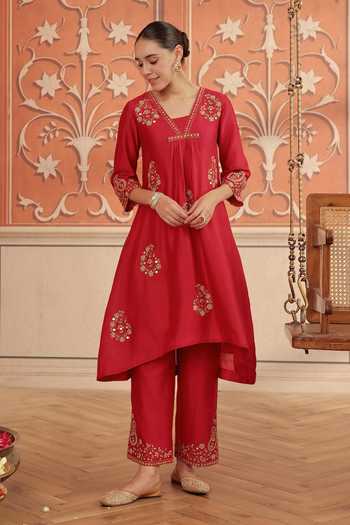 Buy Dohr India Pink Silk, Chanderi, Cotton V-neck Nira Kurta Set Online at Aza Fashions Buy_Dohr India_Pink Silk, Chanderi, Cotton V-neck Nira Kurta Set _Online_at_Aza_Fashions