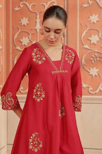 Buy Dohr India Pink Silk, Chanderi, Cotton V-neck Nira Kurta Set Buy_Dohr India_Pink Silk, Chanderi, Cotton V-neck Nira Kurta Set