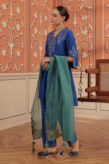 Buy Dohr India Blue Silk, Cotton, Chanderi, Organza V-neck Zora Kurta Set Buy_Dohr India_Blue Silk, Cotton, Chanderi, Organza V-neck Zora Kurta Set