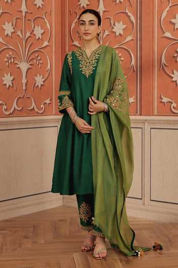Dohr India Lehar Silk Chanderi Embroidered Kurta Set 