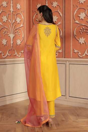 Dohr India_Yellow Silk, Chanderi, Organza Split V-neck Lehar Kurta Set _Online_at_Aza_Fashions