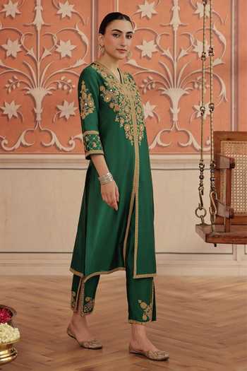 Shop Dohr India Emerald Green Silk, Chanderi, Cotton V-neck Veera Mirror Work Kurta Set Online at Aza Fashions Shop_Dohr India_Emerald Green Silk, Chanderi, Cotton V-neck Veera Mirror Work Kurta Set _Online_at_Aza_Fashions