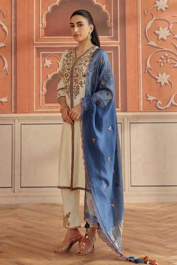 Buy Dohr India Ivory Silk, Cotton, Chanderi V-neck Veera Mirror Work Kurta Set Buy_Dohr India_Ivory Silk, Cotton, Chanderi V-neck Veera Mirror Work Kurta Set
