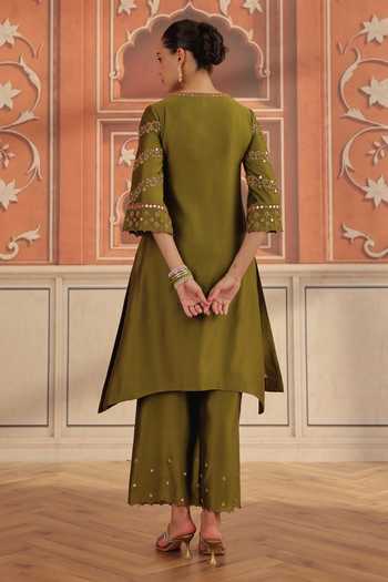 Shop Dohr India Olive Green Silk, Chanderi, Cotton V-neck, Yes Avin Kurta Set Online at Aza Fashions Shop_Dohr India_Olive Green Silk, Chanderi, Cotton V-neck, Yes Avin Kurta Set _Online_at_Aza_Fashions