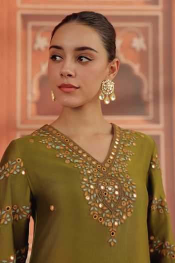 Dohr India Olive Green Silk, Chanderi, Cotton V-neck, Yes Avin Kurta Set at Aza Fashions Dohr India_Olive Green Silk, Chanderi, Cotton V-neck, Yes Avin Kurta Set _at_Aza_Fashions