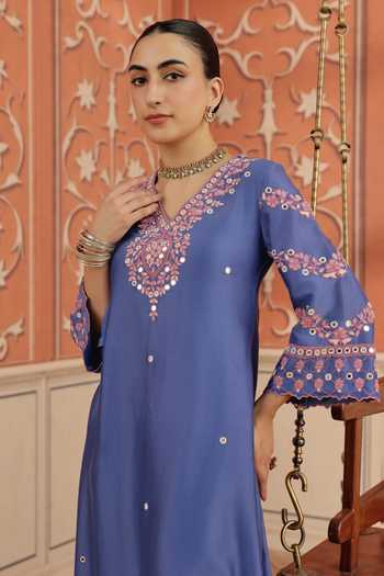 Dohr India Blue Silk, Cotton, Chanderi V-neck Avin Kurta Set at Aza Fashions Dohr India_Blue Silk, Cotton, Chanderi V-neck Avin Kurta Set _at_Aza_Fashions