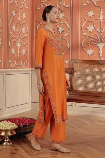 Buy_Dohr India_Orange Silk, Cotton, Chanderi, Organza V-neck, Yes Veya Kurta Set _Online_at_Aza_Fashions