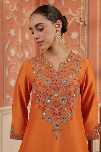 Shop_Dohr India_Orange Silk, Cotton, Chanderi, Organza V-neck, Yes Veya Kurta Set _Online_at_Aza_Fashions