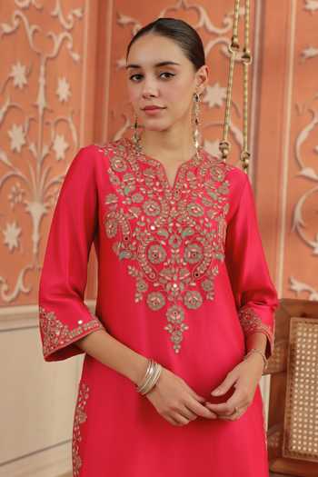 Buy_Dohr India_Multicolor Silk, Chanderi, Organza V-neck, Yes Veya Embroidered Kurta Set _Online_at_Aza_Fashions