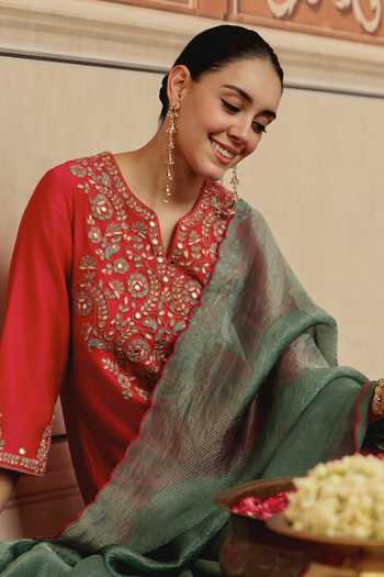 Shop_Dohr India_Multicolor Silk, Chanderi, Organza V-neck, Yes Veya Embroidered Kurta Set _Online_at_Aza_Fashions