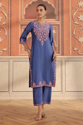 Shop Dohr India Blue Silk, Chanderi, Organza V-neck Veya Embroidered Kurta Set Online at Aza Fashions Shop_Dohr India_Blue Silk, Chanderi, Organza V-neck Veya Embroidered Kurta Set _Online_at_Aza_Fashions