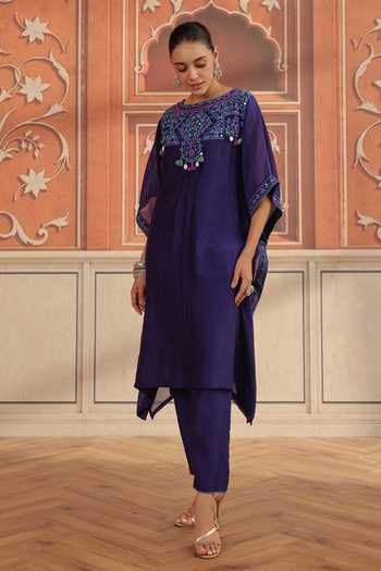 Buy Dohr India Purple Silk, Cotton, Chanderi Boat Neck Maheen Mul Kaftan And Pant Set Online at Aza Fashions Buy_Dohr India_Purple Silk, Cotton, Chanderi Boat Neck Maheen Mul Kaftan And Pant Set _Online_at_Aza_Fashions