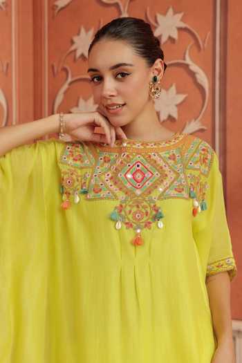 Buy Dohr India Green Silk, Cotton, Chanderi Round Neck Maheen Mul Kaftan And Pant Set Online at Aza Fashions Buy_Dohr India_Green Silk, Cotton, Chanderi Round Neck Maheen Mul Kaftan And Pant Set _Online_at_Aza_Fashions