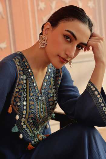 Shop Dohr India Navy Silk, Cotton, Chanderi V-neck Zeva Embroidered Mul Kaftan Online at Aza Fashions Shop_Dohr India_Navy Silk, Cotton, Chanderi V-neck Zeva Embroidered Mul Kaftan _Online_at_Aza_Fashions
