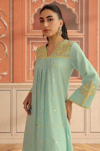 Buy Dohr India Blue Jacquard, Cotton, Silk V-neck Avena Kurta Set Online at Aza Fashions Buy_Dohr India_Blue Jacquard, Cotton, Silk V-neck Avena Kurta Set _Online_at_Aza_Fashions