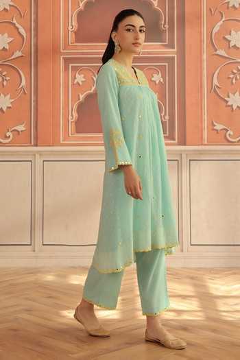 Buy Dohr India Blue Jacquard, Cotton, Silk V-neck Avena Kurta Set Buy_Dohr India_Blue Jacquard, Cotton, Silk V-neck Avena Kurta Set