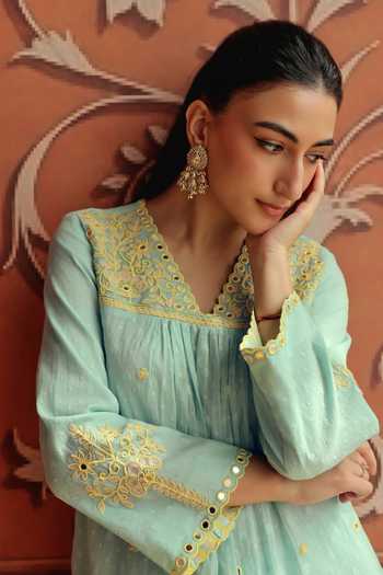 Shop Dohr India Blue Jacquard, Cotton, Silk V-neck Avena Kurta Set Shop_Dohr India_Blue Jacquard, Cotton, Silk V-neck Avena Kurta Set