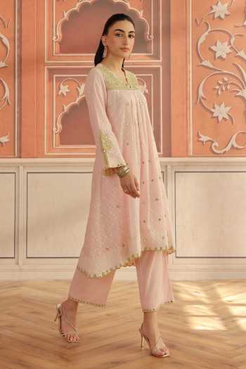 Buy Dohr India Pink Jacquard, Cotton, Silk V-neck, Yes Avena Blend Kurta Set Buy_Dohr India_Pink Jacquard, Cotton, Silk V-neck, Yes Avena Blend Kurta Set