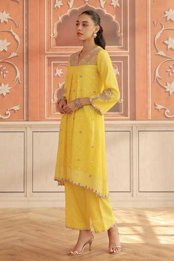 Shop Dohr India Yellow Jacquard, Cotton, Silk V-neck Avena Kurta Set Online at Aza Fashions Shop_Dohr India_Yellow Jacquard, Cotton, Silk V-neck Avena Kurta Set _Online_at_Aza_Fashions