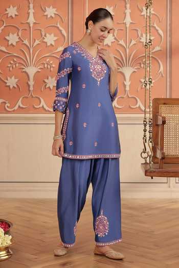 Buy_Dohr India_Blue Silk, Chanderi, Organza V-neck Arushi And Stripe Kurta Set _Online_at_Aza_Fashions