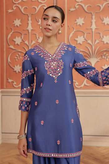 Dohr India_Blue Silk, Chanderi, Organza V-neck Arushi And Stripe Kurta Set _at_Aza_Fashions