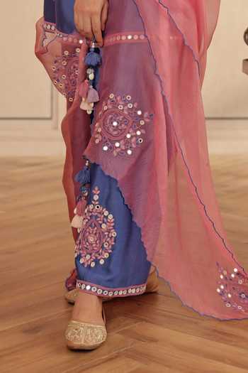 Buy_Dohr India_Blue Silk, Chanderi, Organza V-neck Arushi And Stripe Kurta Set 